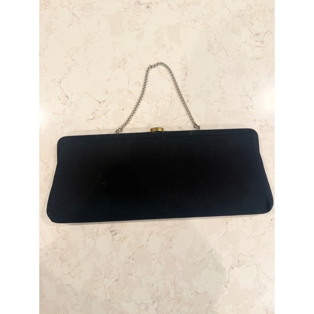 Vintage Black Fabric Clutch Handbag with Silver Chain Strap and Peach Lining - Picture 3 of 8